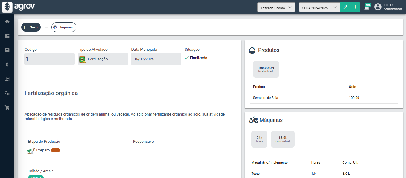Tela de Gestão de Atividades - Detalhes