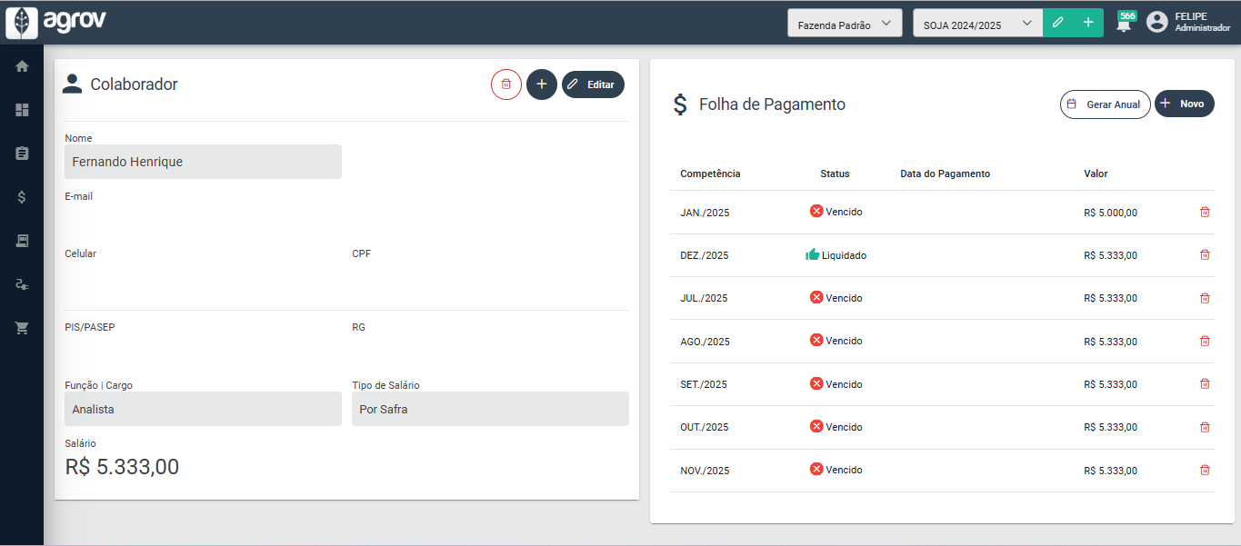 Tela de Gestão de Colaboradores