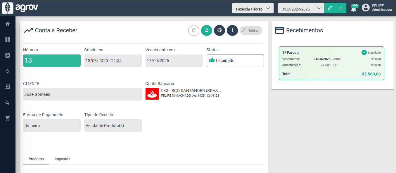 Tela de Contas a Receber - Detalhes
