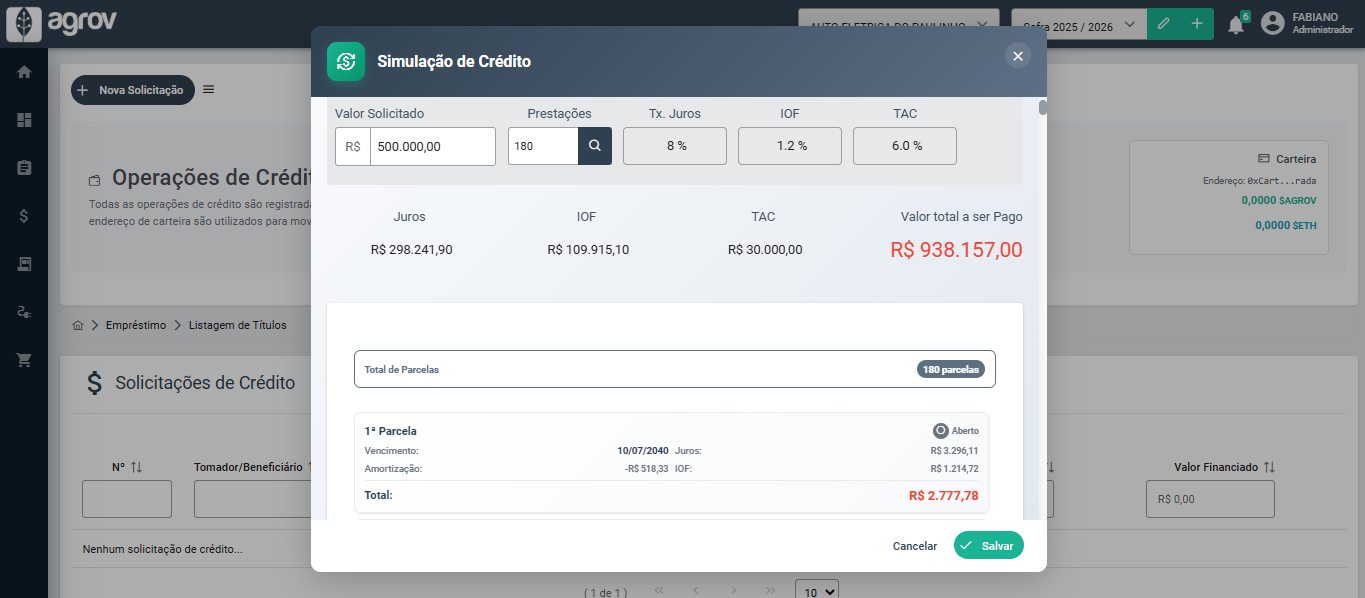 Tela de Crédito Agro