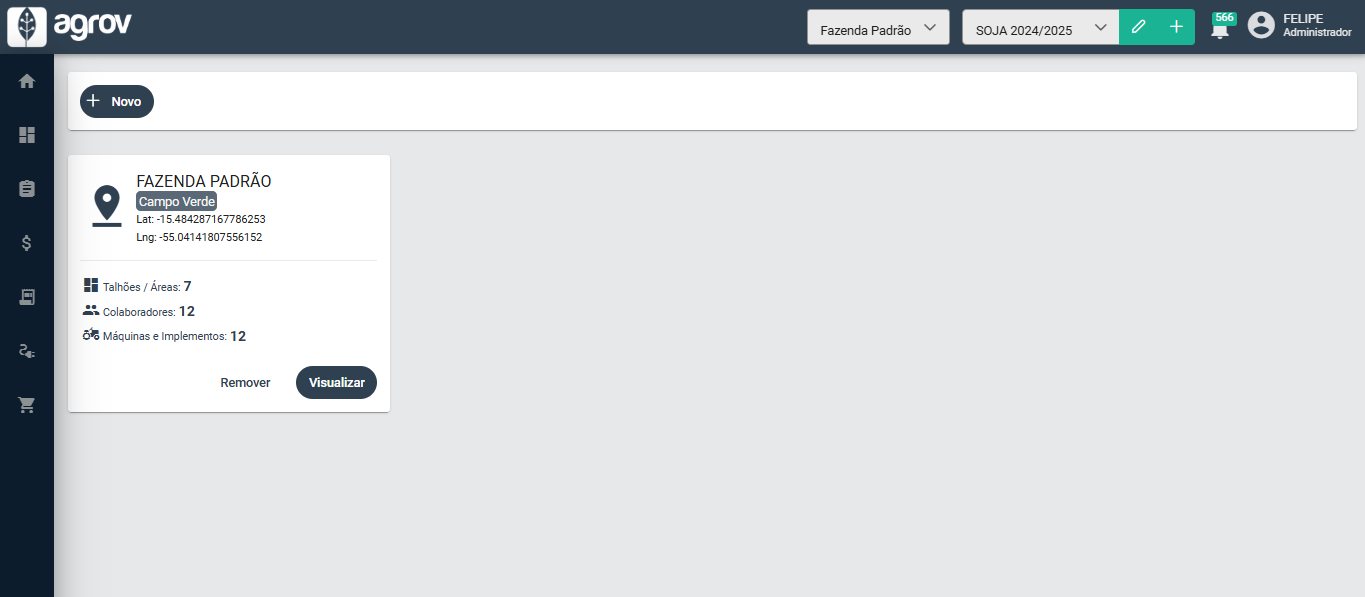 Tela de Gestão de Fazendas