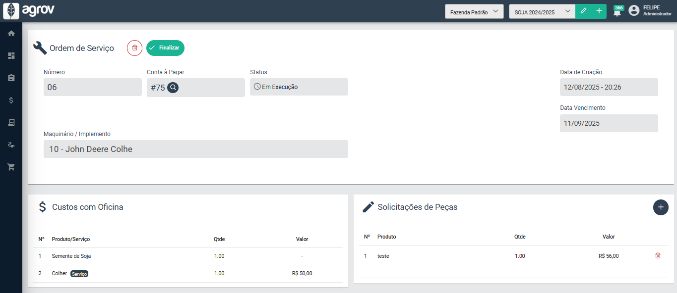 Tela do Módulo de Oficina