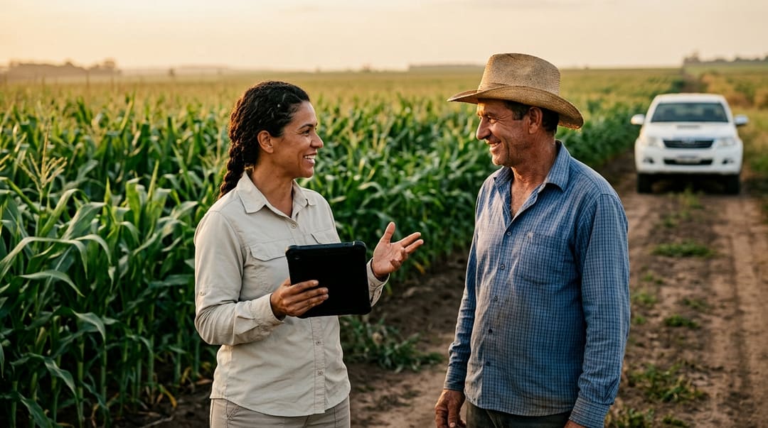 Consultora agronômica conversando com produtor à beira da lavoura, com tablet na mão