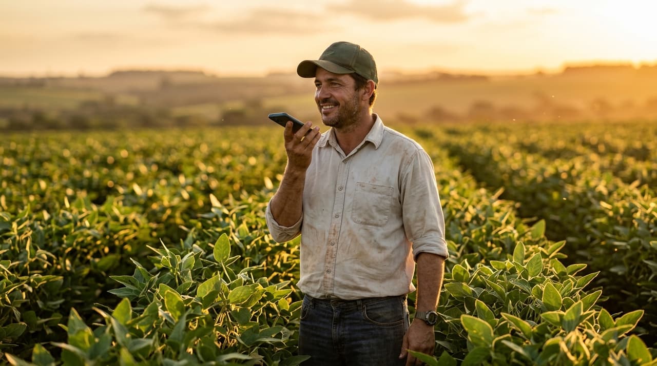 Produtor rural em lavoura de soja gravando um áudio no celular ao fim da tarde
